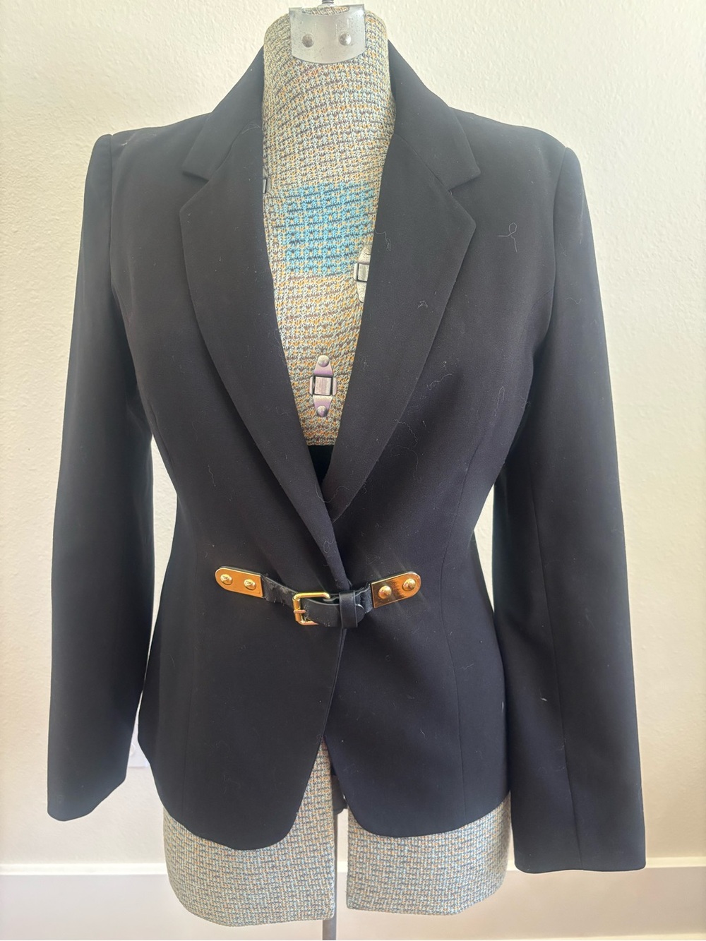 Calvin Klein Black Tailored Blazer with Gold Buckle Accent